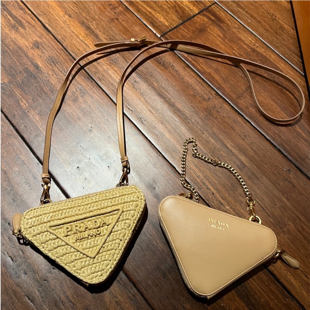 Prada Tan and Cream Crochet Triangle Crossbody Bag Purse Duo